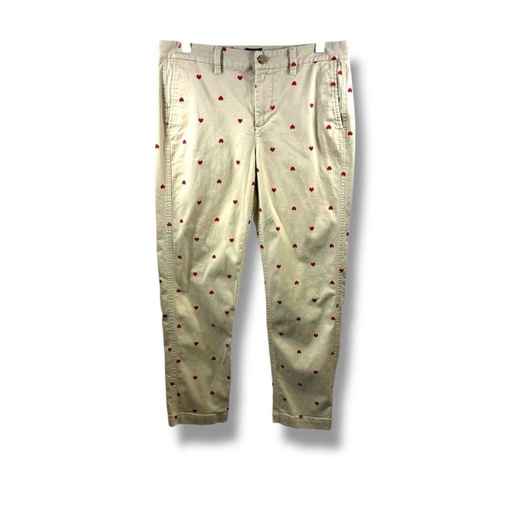 J Crew High Rise Girlfriend Chino Pants in Khaki with Hearts Print Size 6